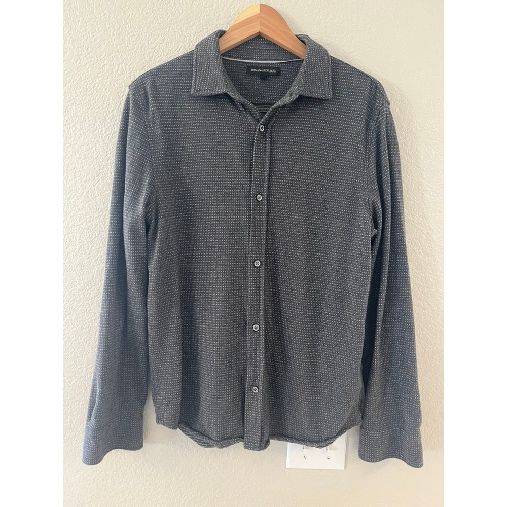 Banana Republic Mens Cotton Wool Blend Micro Dot Button Down Shirt Gray Medium